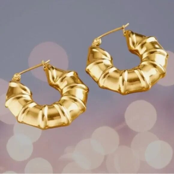 ZARA BAMBOO 18K GOLD FAMOUS DESIGNER HOOP EARRINGS - Picture 3 of 7